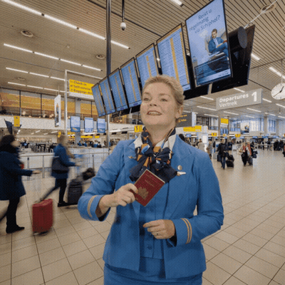 Woman In Blue Uniform Holding Passport At Departures Vertrek Sign GIF