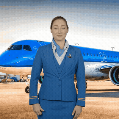 Woman In Blue Uniform In Front Of Airplane GIF