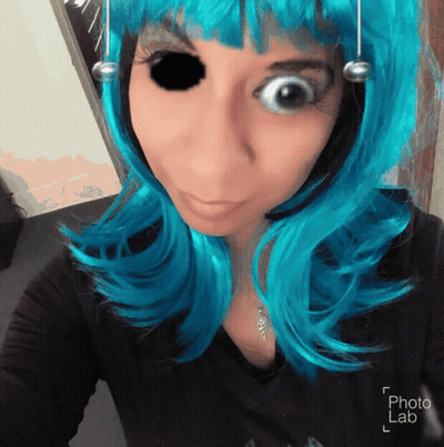 Woman In Blue Wig Taking Selfie With Photo Lab Watermark GIF