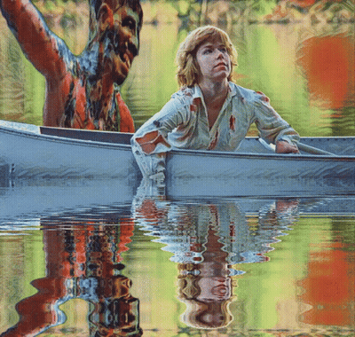 Woman In Boat With Monster Behind GIF