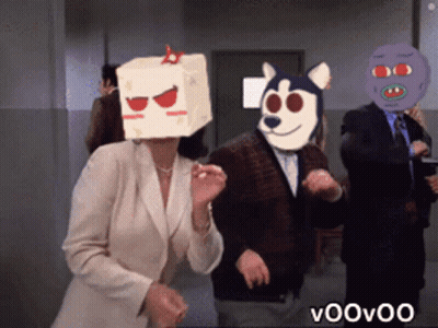 Woman In Box Dancing With Man In Dog Mask GIF