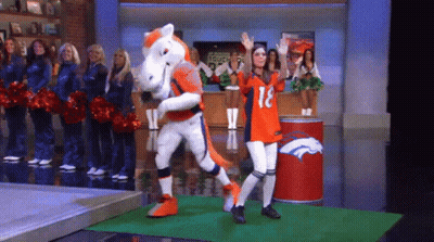 Woman In Broncos Jersey Next To Mascot On Stage GIF