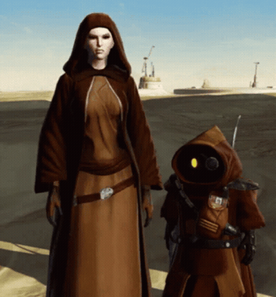 Woman In Brown Robe Next To Small Robot GIF