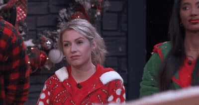 Woman In Candy Cane Sweater And Man Looking At Each Other GIF
