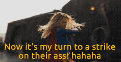 Woman In Cape Saying Now It's My Turn To Strike On Their Ass Hahaha GIF