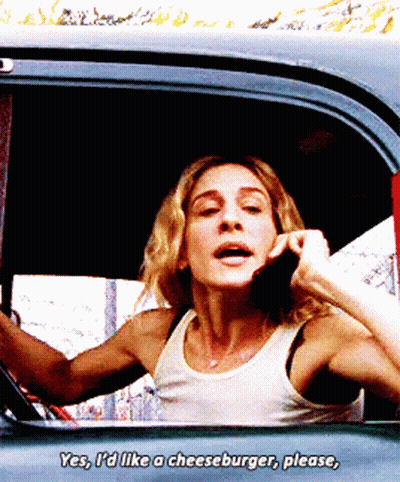 Woman In Car Talking On Cell Phone Saying Yes I'd Like A Cheeseburger Please GIF