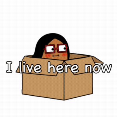 Woman In Cardboard Box Saying I Live Here Now GIF