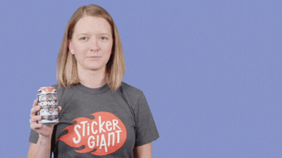 Woman In Cheers Shirt Holding Hopmoo Can GIF
