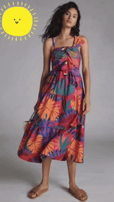 Woman In Colorful Dress With Smiling Sun GIF