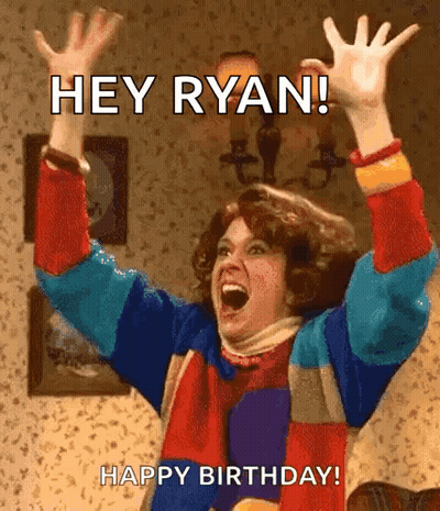 Woman In Colorful Sweater Raising Arms Saying Hey Ryan Happy Birthday GIF