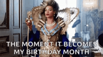 Woman In Costume Holding Cane And Crown Says The Moment It Becomes My Birthday Month GIF