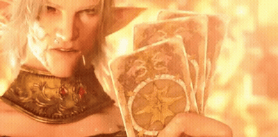 Woman In Costume Holding Cards GIF