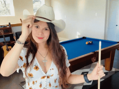 Woman In Cowboy Hat Holding Pool Cue GIF