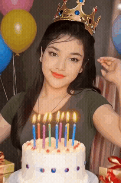 Woman In Crown With Birthday Cake And Candles GIF