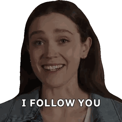 Woman In Denim Jacket Smiling Says I Follow You Sticker