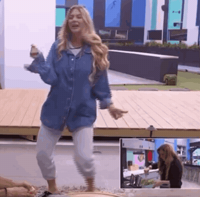 Woman In Denim Shirt And White Pants Dancing GIF