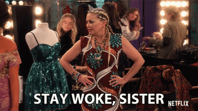 Woman In Dress Saying Stay Woke Sister GIF