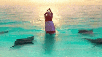 Woman In Dress Standing In Ocean With Dolphins GIF