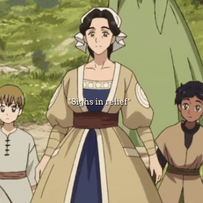 Woman In Dress Standing With Two Children Sighs In Relief GIF