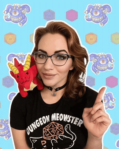 Woman In Dungeon Meowster Shirt Pointing Up GIF