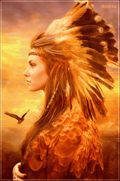 Woman In Feathered Headdress With Bird GIF