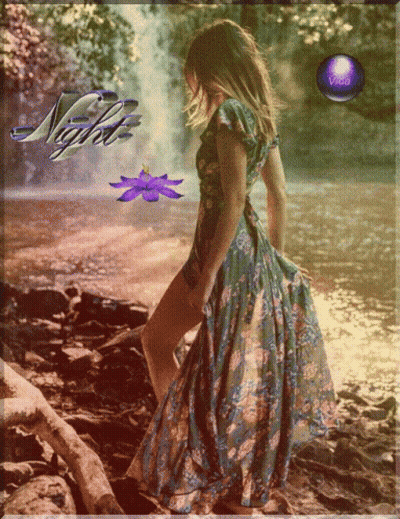 Woman In Floral Dress At Waterfall Night GIF