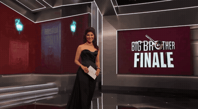 Woman In Front Of Big Brother Finale Banner GIF