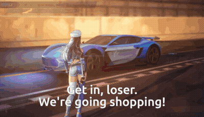 Woman In Front Of Blue Sports Car Saying Get In Loser We're Going Shopping GIF