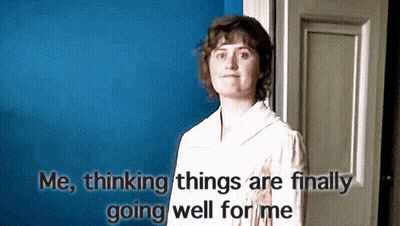 Woman In Front Of Blue Wall Saying Me Thinking Things Are Finally Going Well GIF