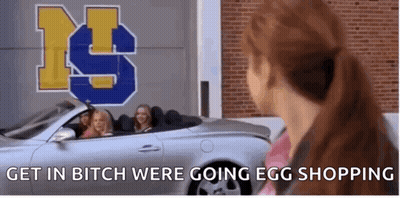 Woman In Front Of Car Saying Get In Bitch We're Going Egg Shopping GIF