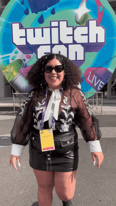 Woman In Front Of Twitch Con Live Sign GIF