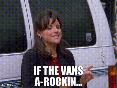 Woman in Front of Van Saying If the Vans a-Rockin