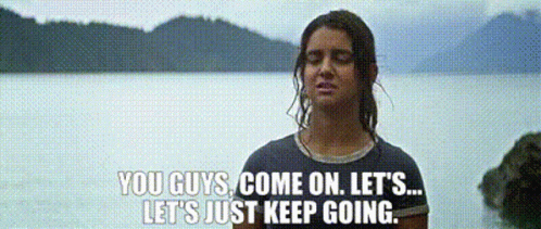 Woman In Front Of Water Saying You Guys Come On Let's Just Keep Going GIF