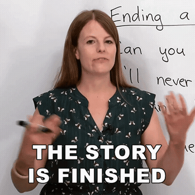 Woman In Front Of Whiteboard Saying The Story Is Finished GIF