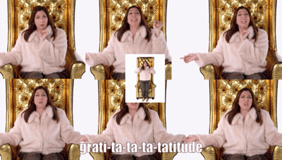 Woman In Fur Coat Sitting In Gold Chair Saying Grati-La-Ta-Ta-Latitude GIF