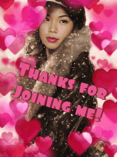 Woman In Fur Coat Surrounded By Pink Hearts Saying Thanks For Joining Me GIF