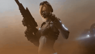 Woman In Futuristic Outfit Holding Rifle GIF