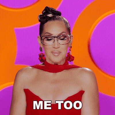 Woman In Glasses And Red Dress Saying Me Too GIF