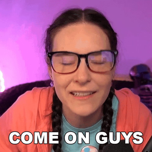 Woman In Glasses Says Come On Guys On Purple Background GIF