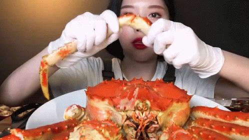 Woman In Gloves Eating Large Crab GIF