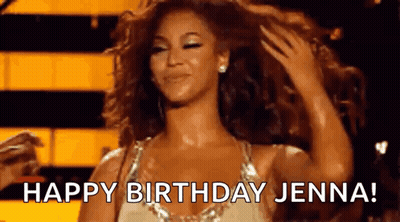 Woman In Gold Dress Holding Hair Says Happy Birthday Jenna GIF