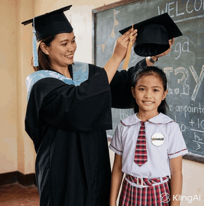 Woman In Graduation Cap And Gown Putting Hat On Girl GIF