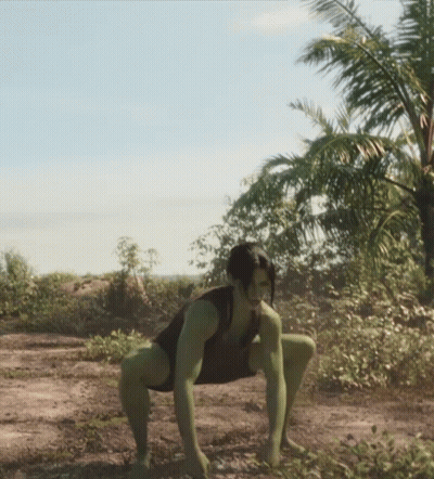 Woman In Green Bodysuit Squatting In Dirt GIF