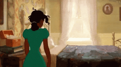 Woman In Green Dress Standing Next To Bed GIF