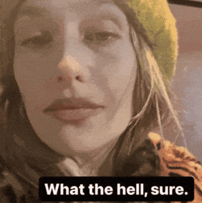 Woman In Green Hat And Tiger Print Shirt Saying What The Hell Sure GIF