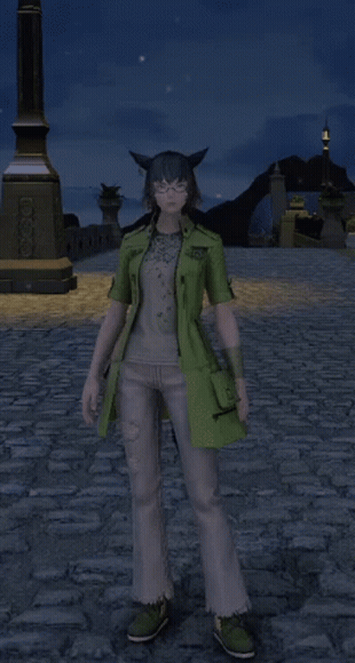 Woman In Green Jacket And White Pants On Brick Sidewalk GIF