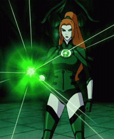 Woman In Green Lantern Costume Holding Green Light GIF