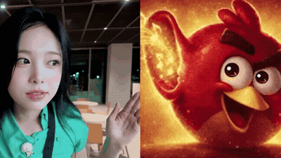 Woman In Green Shirt Next To Angry Birds GIF
