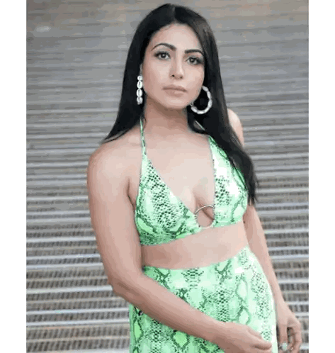 Woman In Green Snake Print Crop Top And Skirt Sticker