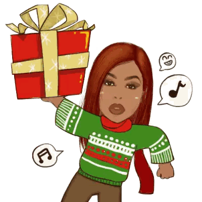 Woman In Green Sweater Holding Red Gift Sticker